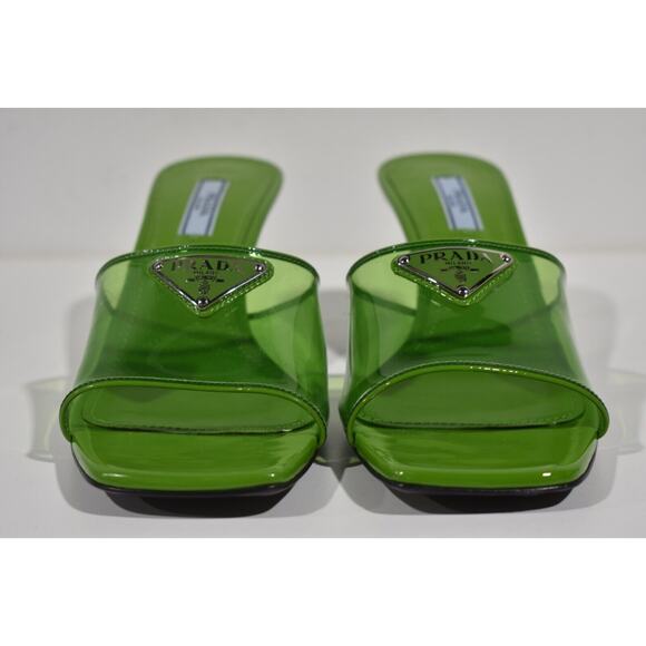 Prada Plexiglas Green PVC Patent Leather Backless Sandal Mule Heel Pump 38.5 - Picture 2 of 12